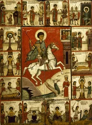 Wunder des Heiligen Georg und der Drache, mit Szenen aus seinem Leben. Nowgorod